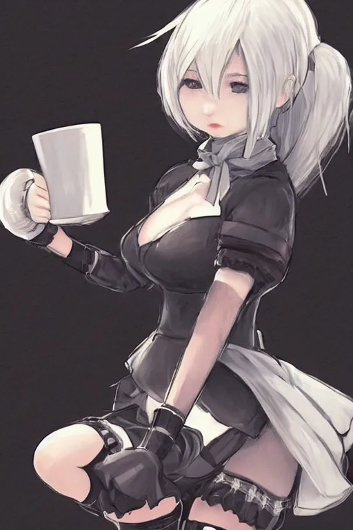 Prompt: Concept art of 2B from Nier Automata wearing a tartan miniskirt and holding a cup of tea