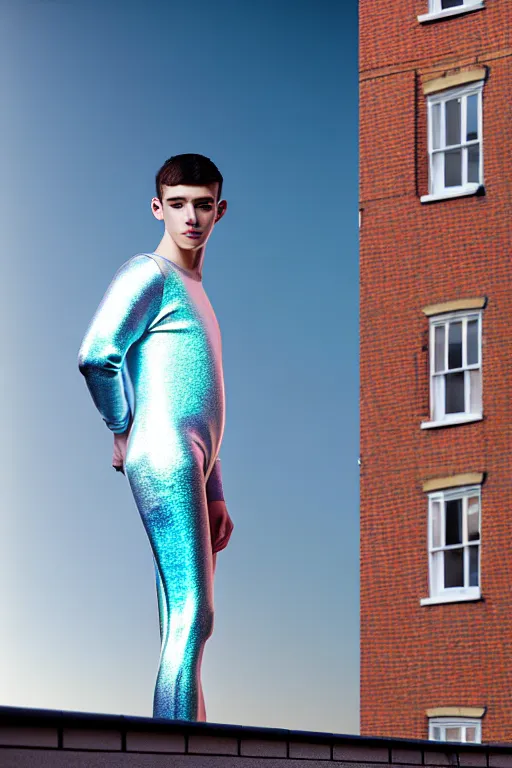 Image similar to un ultra high definition studio quality photographic art portrait of a young man standing on the rooftop of a british apartment building wearing soft baggy inflatable padded silver iridescent pearlescent clothing. three point light. extremely detailed. golden ratio, ray tracing, volumetric light, shallow depth of field. set dressed.