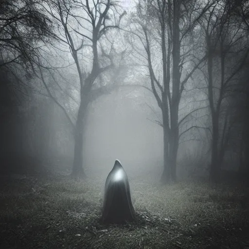 Image similar to dramatic ghost near abandoned islamic church in the woods, dark, gloomy, foggy, scary, by Natalia Drepina