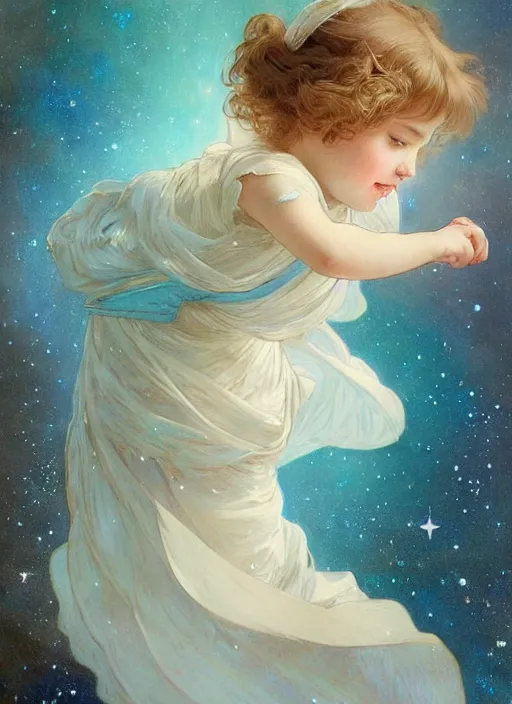 Prompt: a cute little girl with a round cherubic face, blue eyes, and short wavy light brown hair smiles as she floats in space with stars all around her. she is wearing a turquoise dress. beautiful painting by artgerm and greg rutkowski and alphonse mucha and irakli nadar