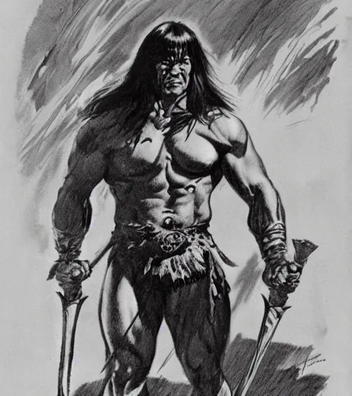 Prompt: Conan the barbarian drawing by frank frazetta