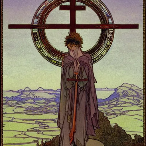 Prompt: a spiritual cross on top of a holy mountain, Mucha, Moebius, Mohrbacher