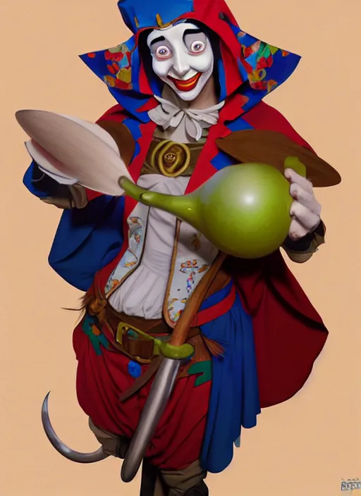 Prompt: jolly medieval jester holding maracas natural lighting, path traced, highly detailed, high quality, digital painting, by don bluth and ross tran and studio ghibli and alphonse mucha, artgerm