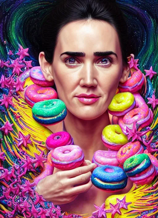 Prompt: hyper detailed 3d render like a Oil painting - Jennifer Connelly with black hair in thick mascara seen seriously making chewing gum bubbles and Eating of the Strangling network of colorful donuts and exotic colorful flowers and Her delicate Hands hold of pink parrots bring iridescent luminescent flowers whose blossoms black the foolish stars by Jacek Yerka, Mariusz Lewandowski, Houdini algorithmic generative render, Abstract brush strokes, Masterpiece, Edward Hopper and James Gilleard, Zdzislaw Beksinski, Mark Ryden, Wolfgang Lettl, Dan Hiller, hints of Yayoi Kasuma, octane render, 8k