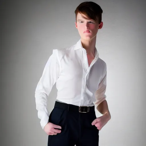 Image similar to A young pretty male model showcasing a very cute miniskirt and blouse. Studio lighting