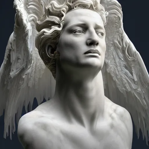 Image similar to realistic digital painting of a stunning intricate cracked white marble falling angel with face of donald trump bernini sculpture, trailing white vapor, mycelium stands and misty xparticles neutral tone background, trending on artstation, hyperrealism, matte painting, subsurface scattering