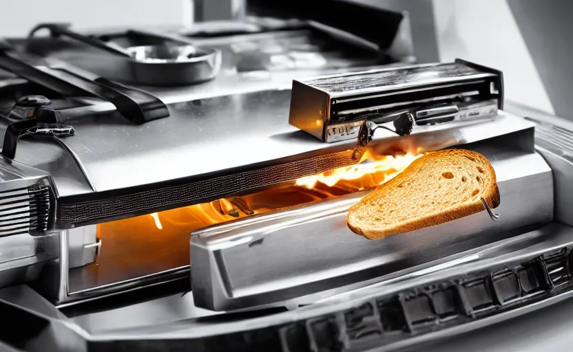 Image similar to a time-traveling delorean styled toaster with toast, bread inserted into slot, glowing heating coils, stainless steel, professional product shot, magazine ad