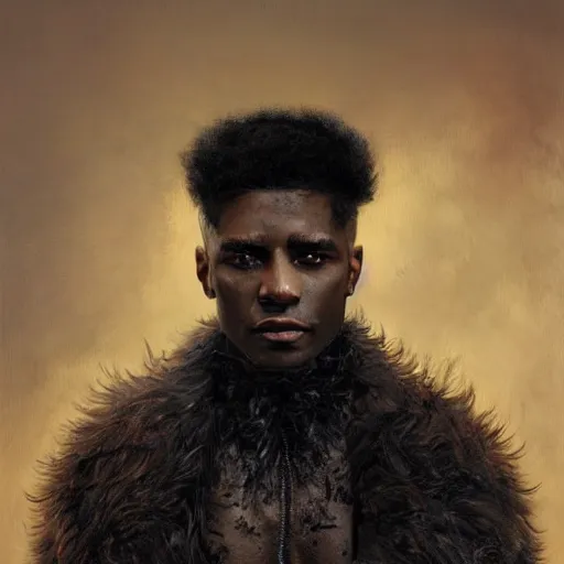 Image similar to portrait painting of a beautiful black man with cut scars and cropped hair wearing a tattered fur coat, ultra realistic, concept art, intricate details, eerie, highly detailed, photorealistic, octane render, 8 k, unreal engine. art by artgerm and greg rutkowski and charlie bowater and magali villeneuve and alphonse mucha