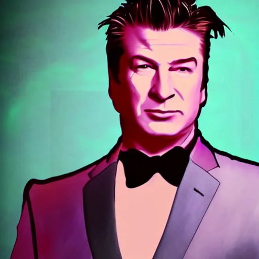 Image similar to retrowave splintered very strange portrait of alec baldwin