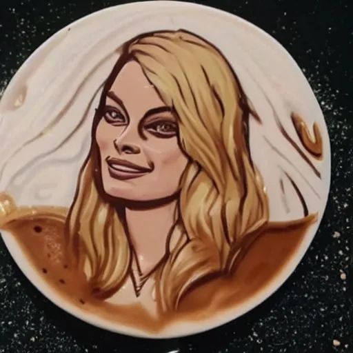 Prompt: a photo of margot robbie latte art, highly detailed