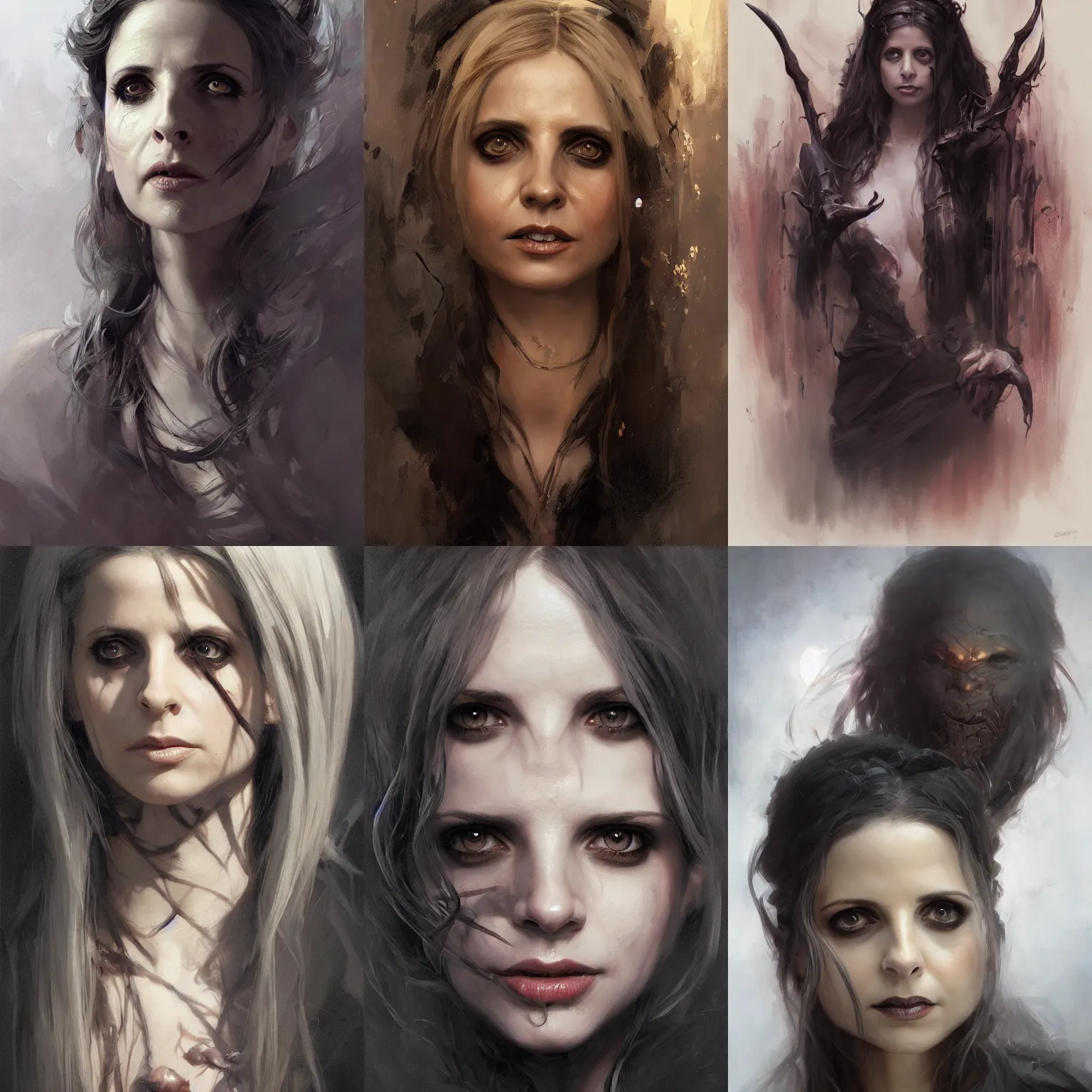 Prompt: Portrait Sarah Michelle Gellar, witchcraft, dark, intricate, highly detailed, smooth, artstation, digital illustration by Ruan Jia and Mandy Jurgens and Artgerm and Wayne Barlowe and Greg Rutkowski and Frank Frazetta