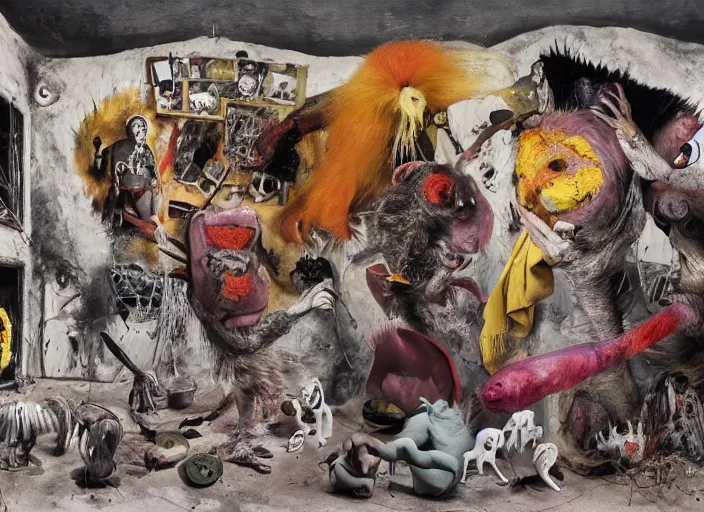 Image similar to animal riot in an art house feature film by alejandro jodorowsky, roger ballen and nobuyoshi araki : : exterior view, retro sci - fi, occult ritual : : triadic color scheme, dramatic lighting : : an oil painting in the style of francis bacon and adrian ghenie, 4 k