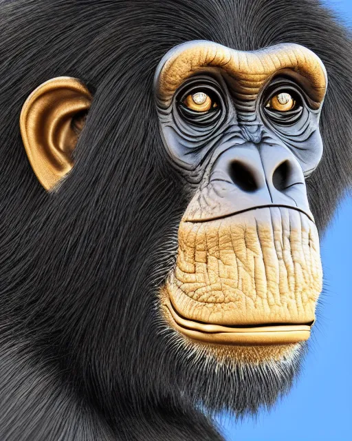 Prompt: gold, blue, head to shoulders illustration of a chimpanzee, 3 d, 8 k, extremely detailed, artstation