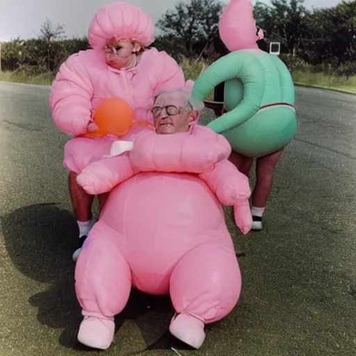 Image similar to a martin parr photo of a grandpa couple, wearing michelin man white body costumes, riding a pink pig, 1 9 7 0 s kodachrome colour photo, flash on camera,