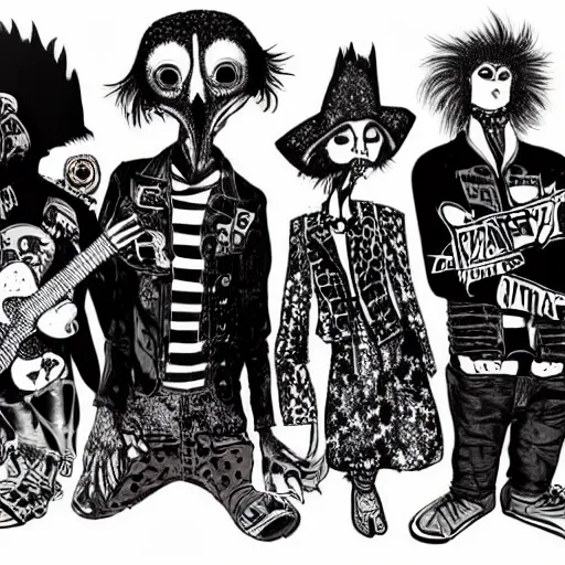 Prompt: A punk band who rebels against the punk culture by Antoni Gaudí and Tim Burton and Louis Wain artstation behance hd unsplash contest winner