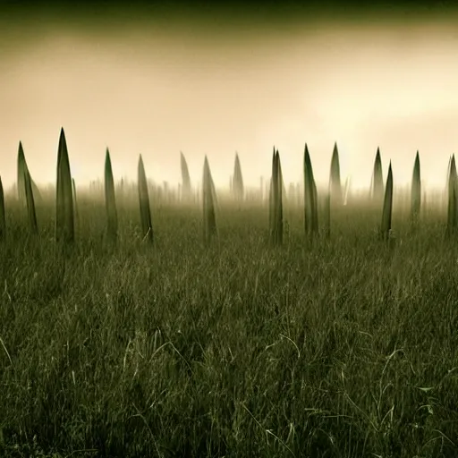 Image similar to field with large spikes, scary, eerie, uncanny, abnormal