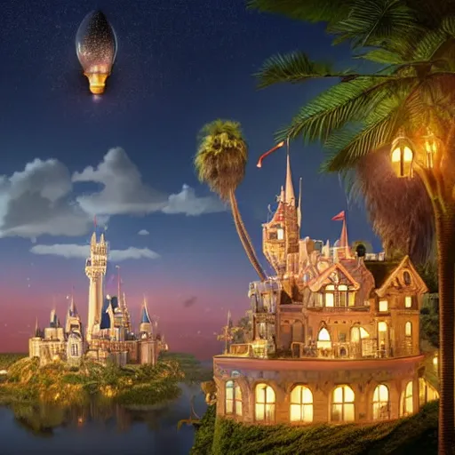 Prompt: the disney castle surrounded by giant palm trees on a giant floating island in the sky at night while a huge light bulb illuminates the island from above, cinematic, digital art by erik johansson, 8 k resolution, hyper detailed, sharp focus