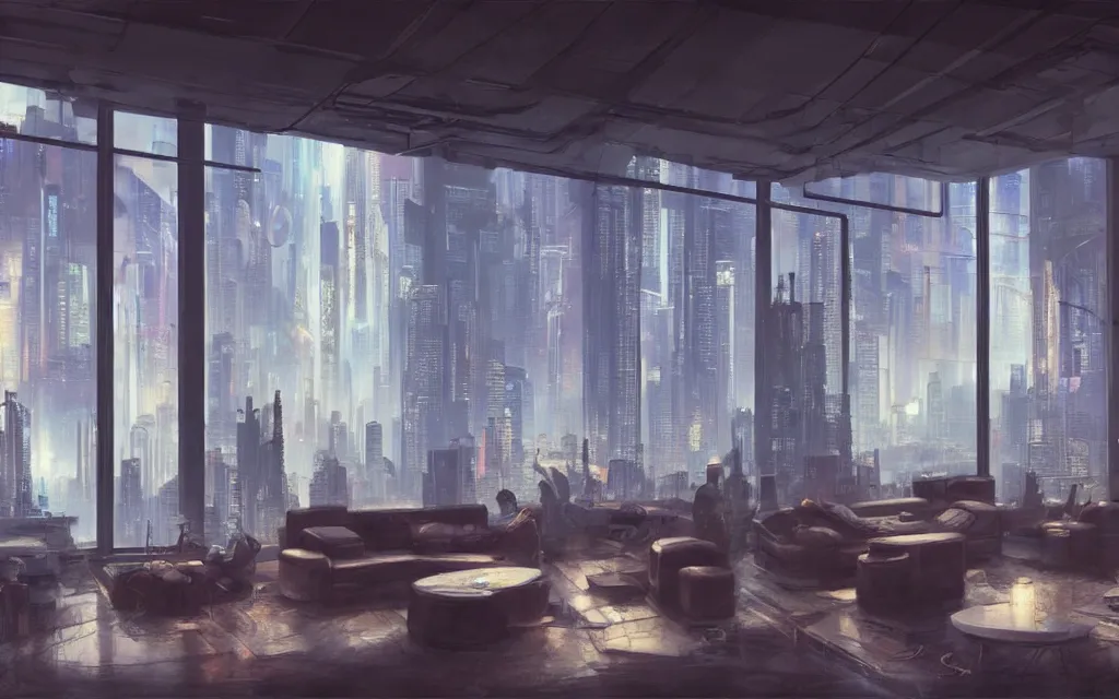 Prompt: cyberpunk loft lounge with tall windows, no people, city in background, drawn by feng zhu, sparse plants, dim painterly lighting volumetric aquatics, impasto