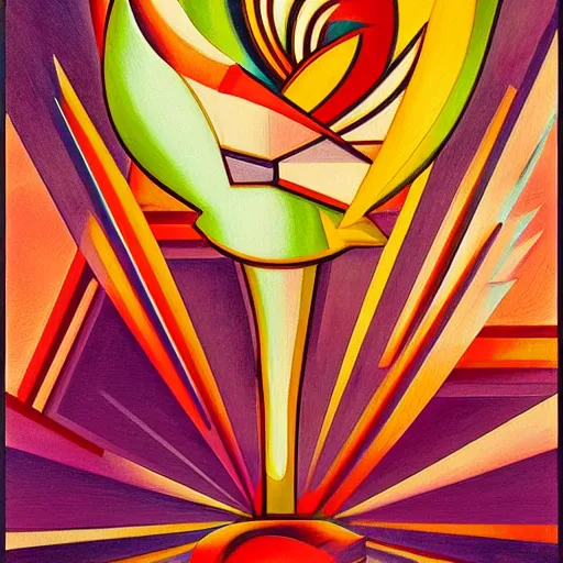 Prompt: an art deco painting of a rose, by joseph stella, synthwave, behance contest winner, crystal cubism, digital illustration