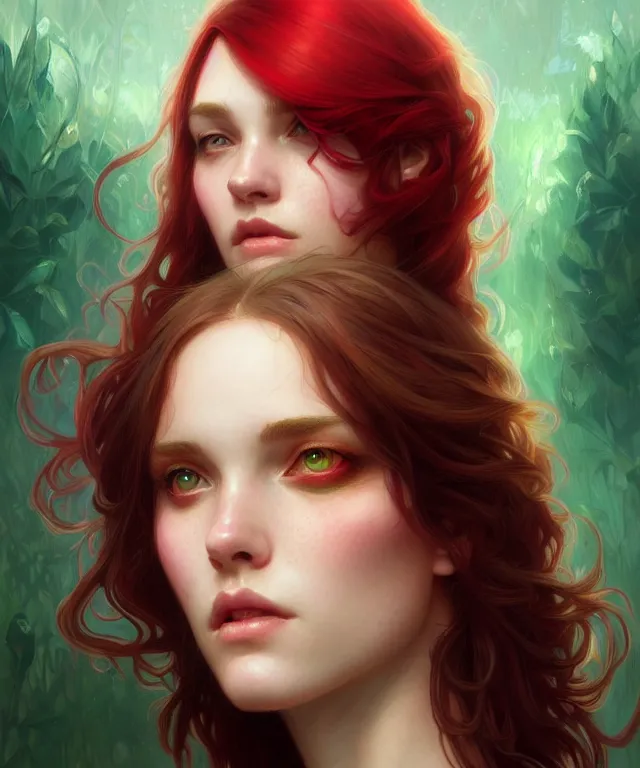 Image similar to Fae teenage girl, portrait, face, long red hair with green highlights, fantasy, intricate, elegant, highly detailed, digital painting, artstation, concept art, smooth, sharp focus, illustration, art by artgerm and greg rutkowski and alphonse mucha