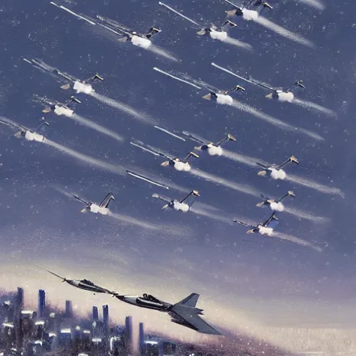 Prompt: A beautiful painting of several fighter jets flying around the snowy city in the sky, Trending on artstation, by Miyazaki