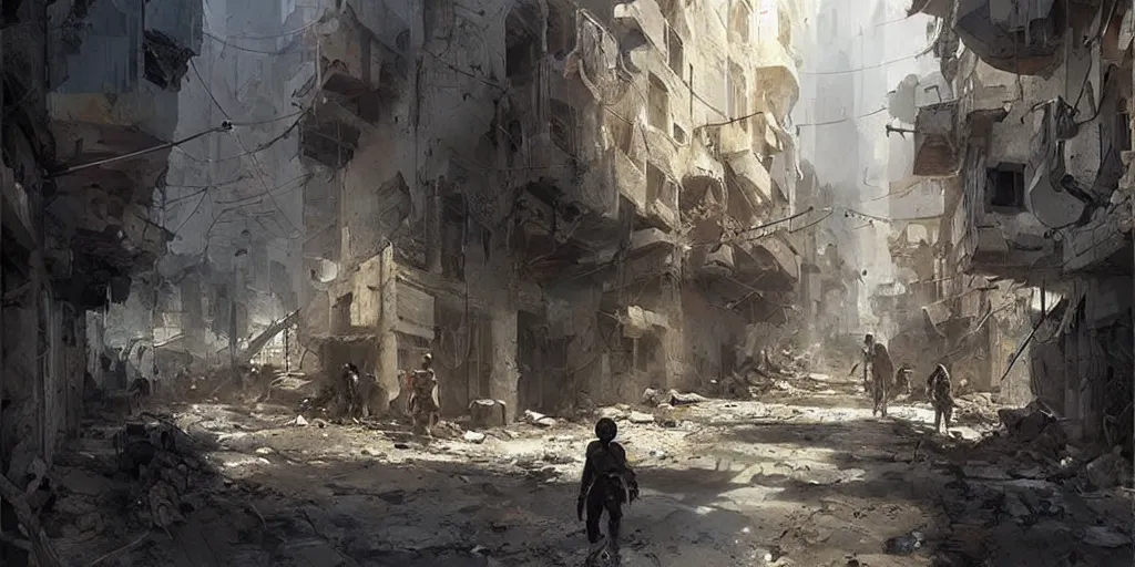 Prompt: beautiful syrian slums, concept art, for modern warfare, painted by greg rutkowski, highly detailed,