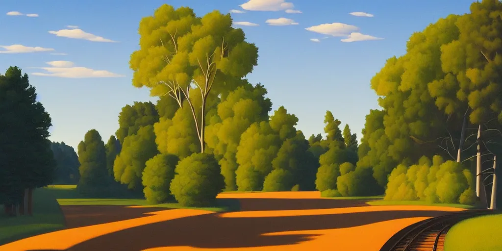 Image similar to tall bridge for trains, in the forest, blue sky, summer evening, kenton nelson