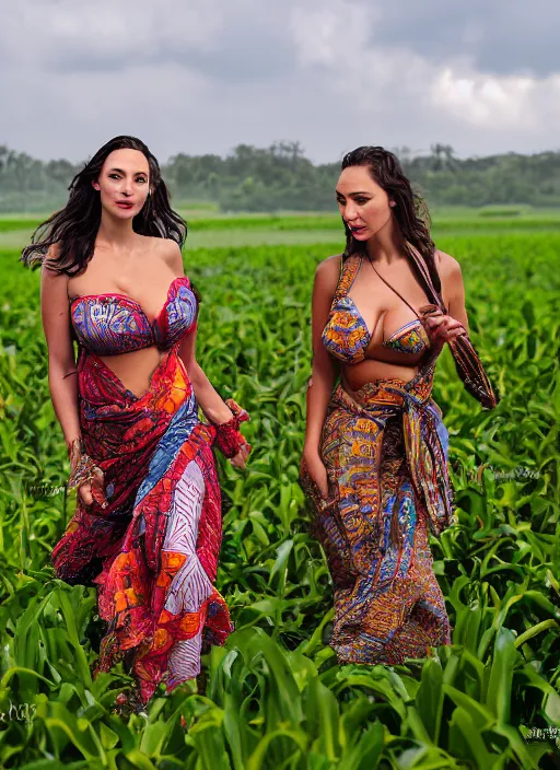 Image similar to portrait of lindsey pelas and gal gadot wearing tied batik shirt and sarong harvesting a paddy field, by charlotte grimm, natural light, detailed face, canon eos c 3 0 0, ƒ 1. 8, 3 5 mm, 8 k, medium - format print, half body shot
