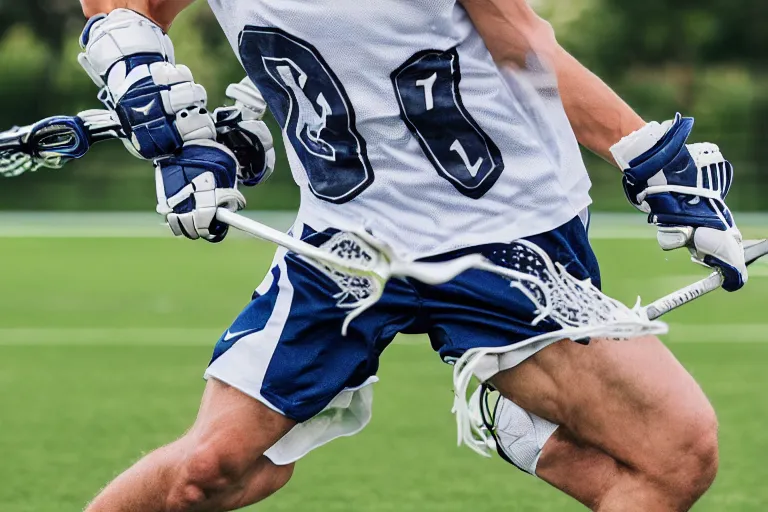 Image similar to lacrosse player, soccer field, cascade helmet, realistic, running, very detailed, 8k, high resolution, ultra realistic, no grain, symmetry, normal proportions, sports illustrated style, Cascade XRS Custom Lacrosse Helmet, brine lacrosse stick, Brine Lacrosse King V Gloves, normal feet, Nike Alpha Huarache 7 Elite, STX Surgeon 700 Lacrosse Arm Guards