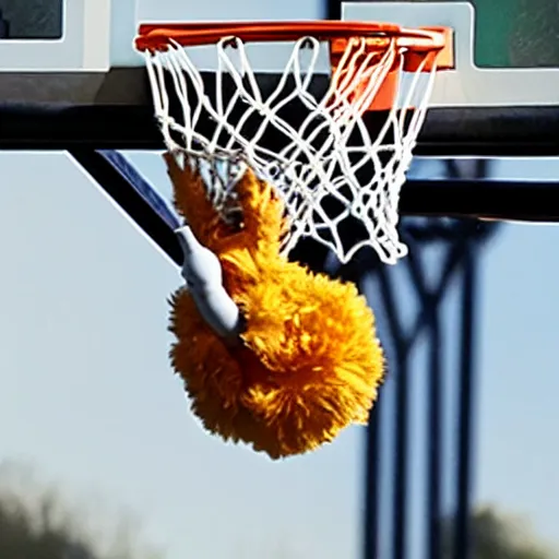 Image similar to beaker from the muppets dunking a basketball wearing air jordans