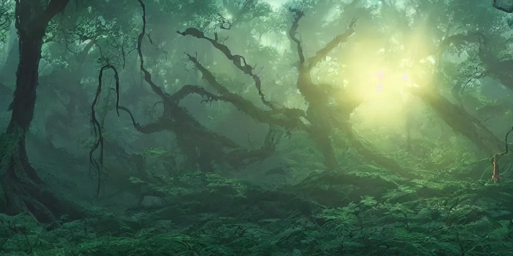 Image similar to giant liquid spirit monster!!!, forest treetops, 4 k, high detail, dramatic lighting, sunset, hayao miyazaki, masashi ando, nizou yamamoto, kazuo oga, joe hisaishi, yoji takeshige, naoya tanaka