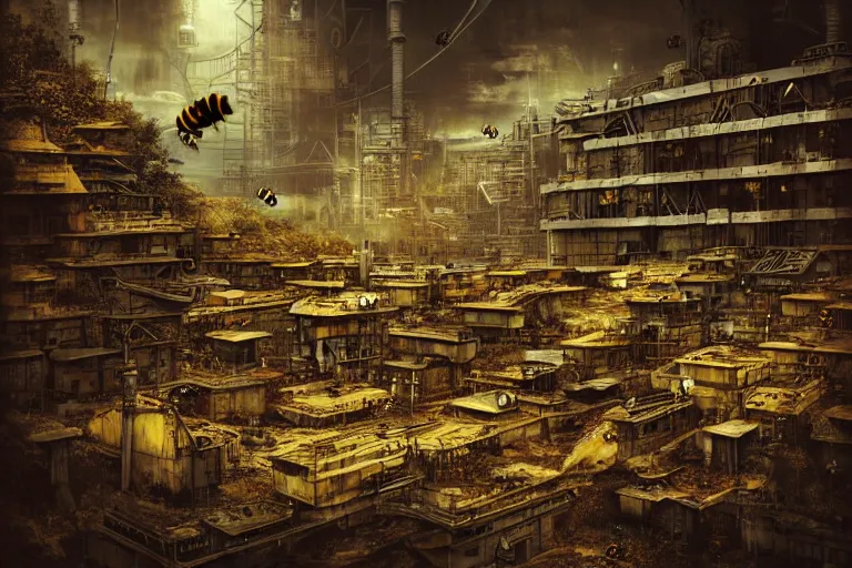 Image similar to simplicity, spaceship river favela honeybee hive, urban environment, industrial factory, apocalyptic, golden, award winning art, epic dreamlike fantasy landscape, ultra realistic,