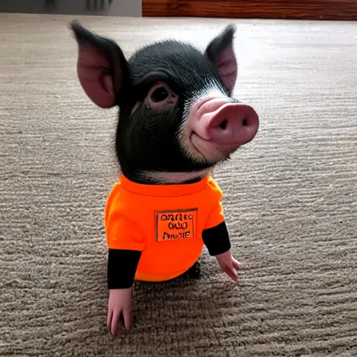 Prompt: cute mini pig wearing orange inmate clothes