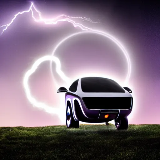 Image similar to futuristic flying car in a night sky thunderstorm, emerging from a circular portal made of lightning, 8k 28mm cinematic photo