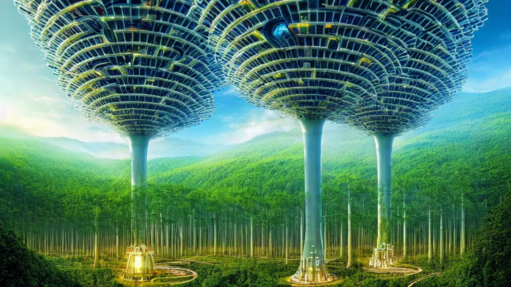 Prompt: Clean, Cheap Abundant,Nuclear Energy Future, Forest in Harmony with Nature; Location: Quito, Ecuador; by Vincent Callebaut; by Simon Stålenhag; retro-futuristic ; retro natural-futurism;