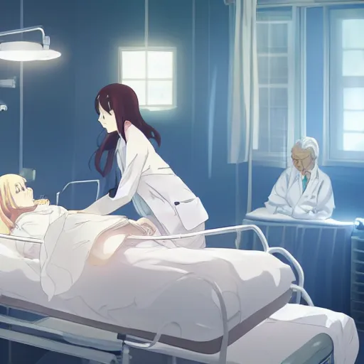 Image similar to a cute and beautiful young female doctor wearing white coat are taking care of an old patient on a bed in a hospital ward, slice of life anime, lighting, anime scenery by Makoto shinkai