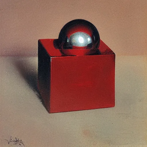 Prompt: chrome spheres on a red cube by vasily perov