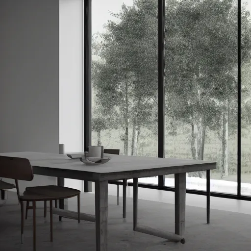 Image similar to brutalist open kitchen, big windows, showing trees landscape on background, minimalist architecture, minimalist furniture, octane render, high quality, 8 k, post production