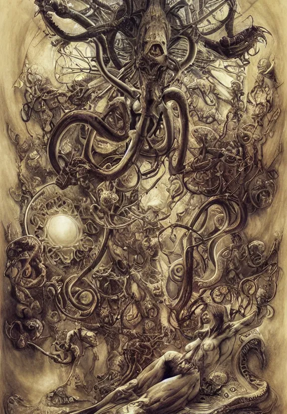 Prompt: simplicity, colorful muscular eldritch animals and bodies radiating spiral, mandala white bones, by h. r. giger and esao andrews and maria sibylla merian eugene delacroix, gustave dore, thomas moran, pop art, chiaroscuro, biopunk, art nouveau