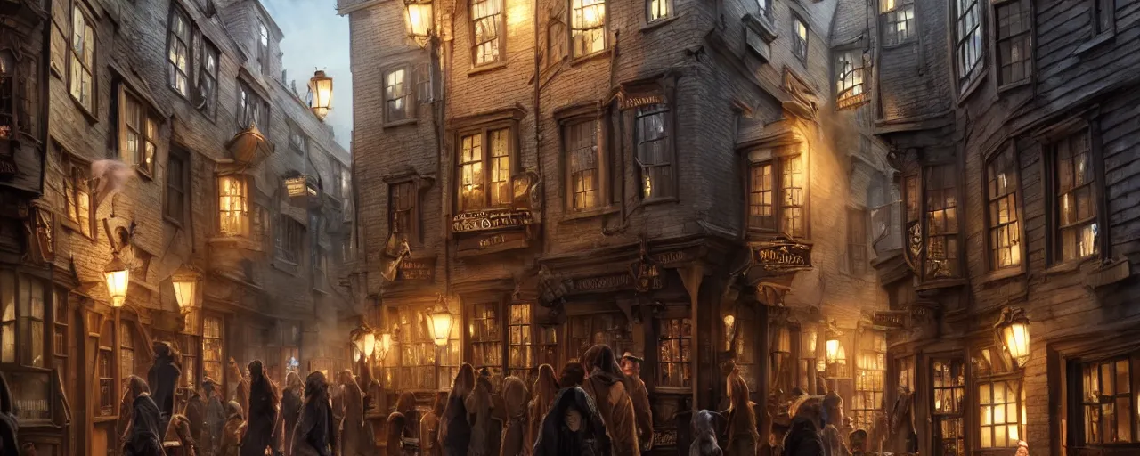 Image similar to most epic dramatic diagon alley scene. epic cinematic hyperrealism masterpiece. realistic poster with shaded lighting by craig mallismo, artgerm, jeremy lipkin and michael garmash, unreal engine, radiant light, detailed and complex environment, digital art, art station trends