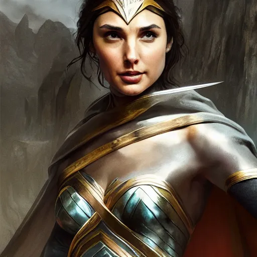 Image similar to gal gadot as an elf from lord of the rings, concept art by leonardo divinci and greg rutkowski, painting, 4 k 8 k trending on artstation, highly detailed, key splash art, octane render, beautiful lighting, rule of thirds, golden ratio,