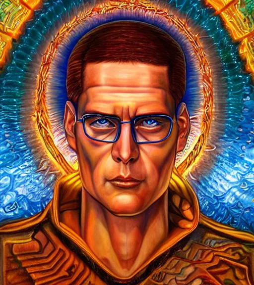 Image similar to symmetry, hank hill as the saint of propane, visionary art, art by mike judge, art by josephine wall, art by amanda sage, dramatic lighting, trending on artstation