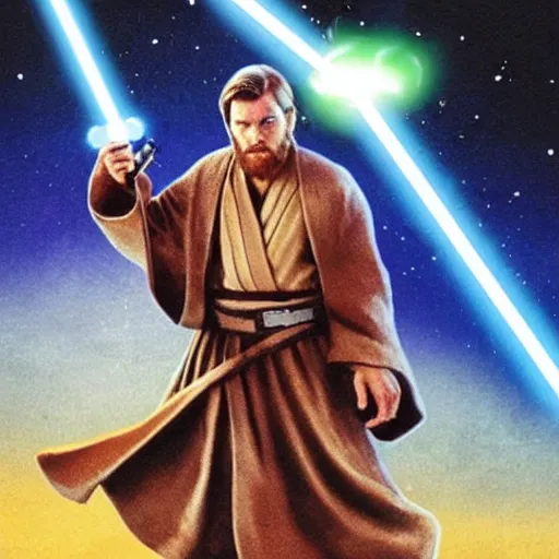 Image similar to Vinesauce Joel as Obi-Wan Kenobi holding a lightsaber in the film Star Wars