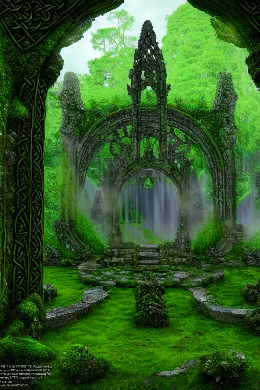 Image similar to photography of a hyper realistic lost celtic elven temple in a magical fantasy garden, mirroring water entering the temple, mossy stone pilars, epic scale, insanely complex, hyperdetailed, sharp focus, hyper realism, artstation, cgsociety, 8 k, bright colors, by takato yamamoto, unreal engine 5