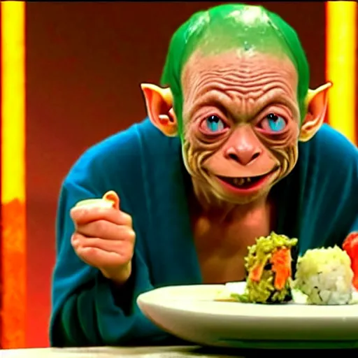 Prompt: gollum from lord of the rings eating sushi on a japanese game show