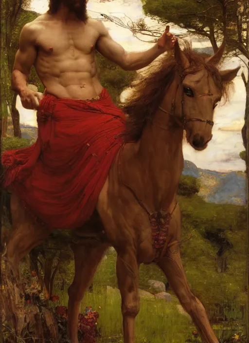 Image similar to Wikus, of the high glade. Centaur. Orientalist portrait by john william waterhouse and Edwin Longsden Long and Theodore Ralli and Nasreddine Dinet, oil on canvas. Cinematic, hyper realism, realistic proportions, dramatic lighting, high detail 4k