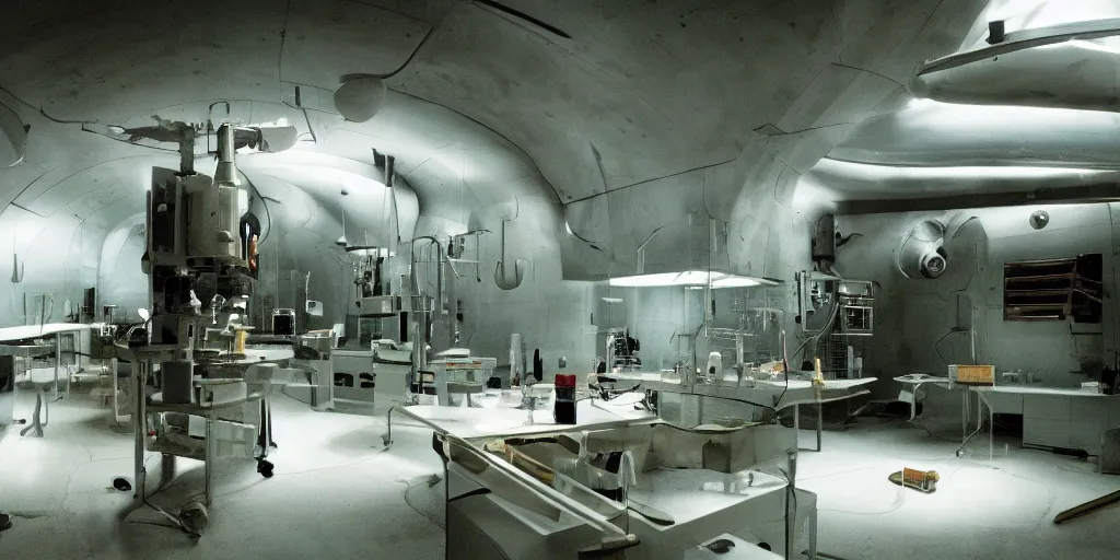 Image similar to cinematic film still of a dark science fiction movie, research lab in a mountain area, secretive facility, strange architecture, by ridley scott,
