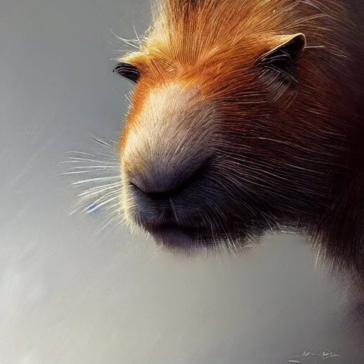 Prompt: detailed photorealistic painting of a capybara wearing a detailed ornamented golden crown sharp focus in the style of ruan jia, Mandy jurgens, cinematic light, concept art, trending on artstation, ultra realistic