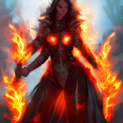 Image similar to Hot fire goddess, skin of flames, body made of fire, wearing armor, rampaging, stormy background, forest fire, breathing fire, fire in hand, concept art, tiny person watching, artstation, 4k