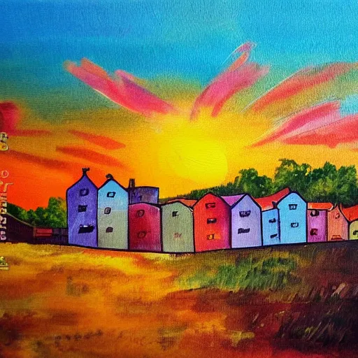 Image similar to colorful painting of a village witnessing sunset